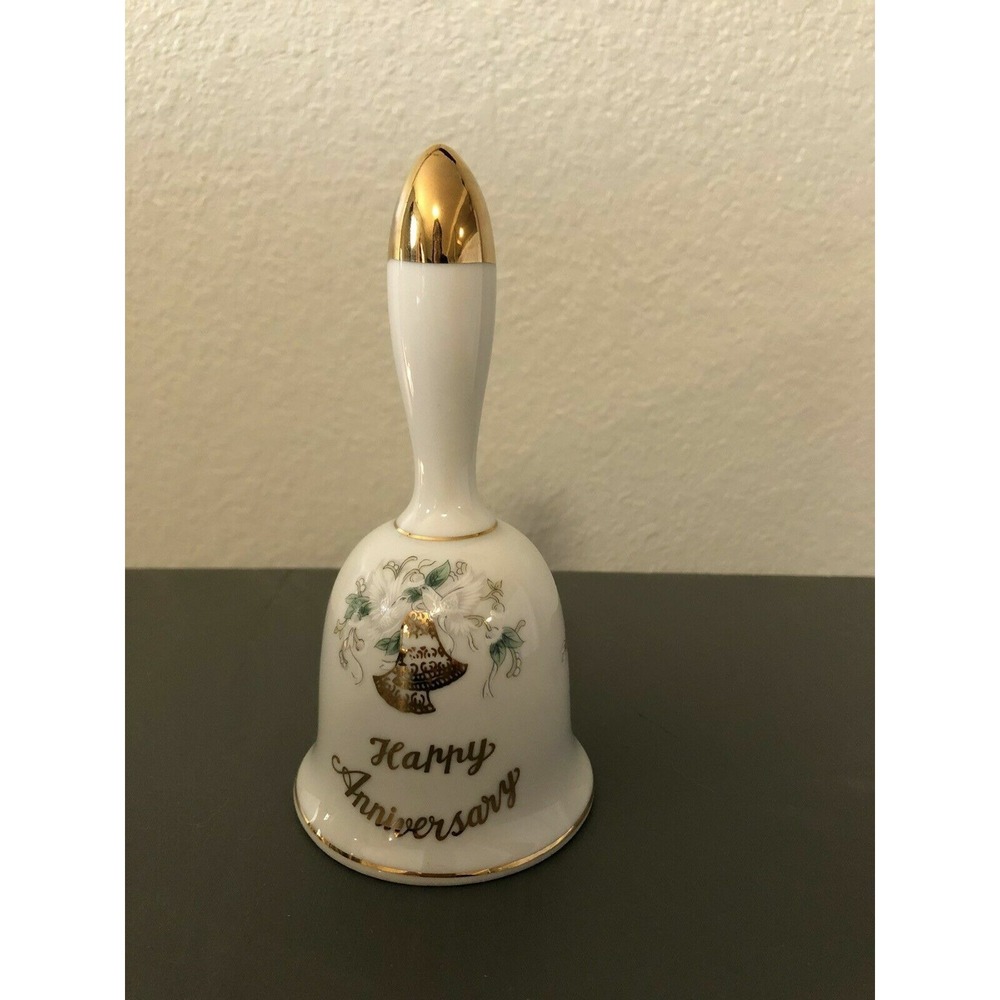 Lefton China Bell #1309 Happy Anniversary, Gold Writing, Trim ###